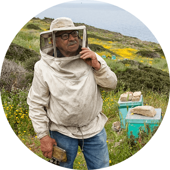 Ikarian man in a beekeepers outfit out on the field